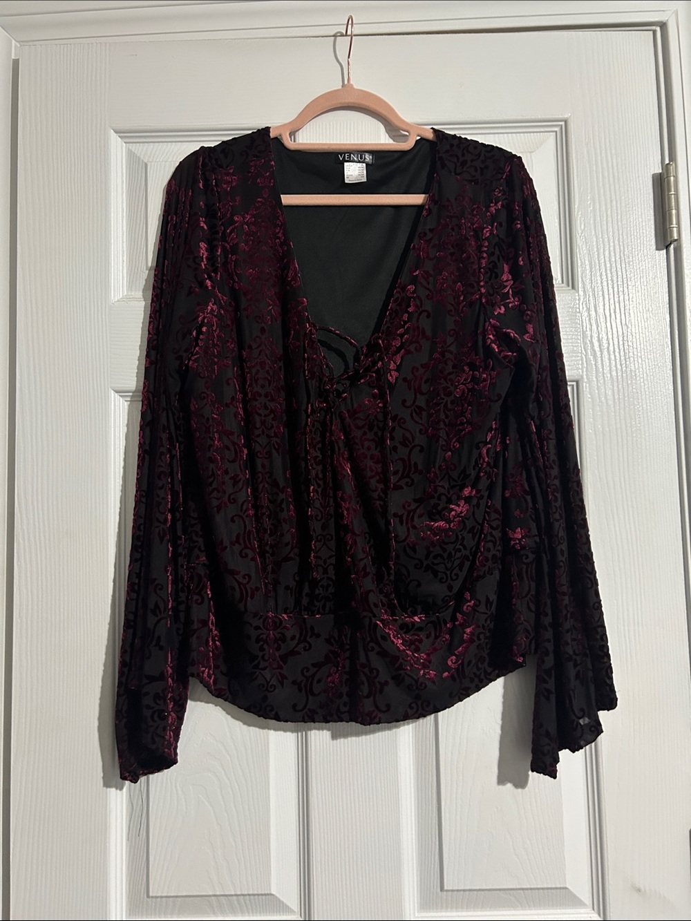 VENUS Plum Velvet Burnout Long Sleeve V-Neck Top